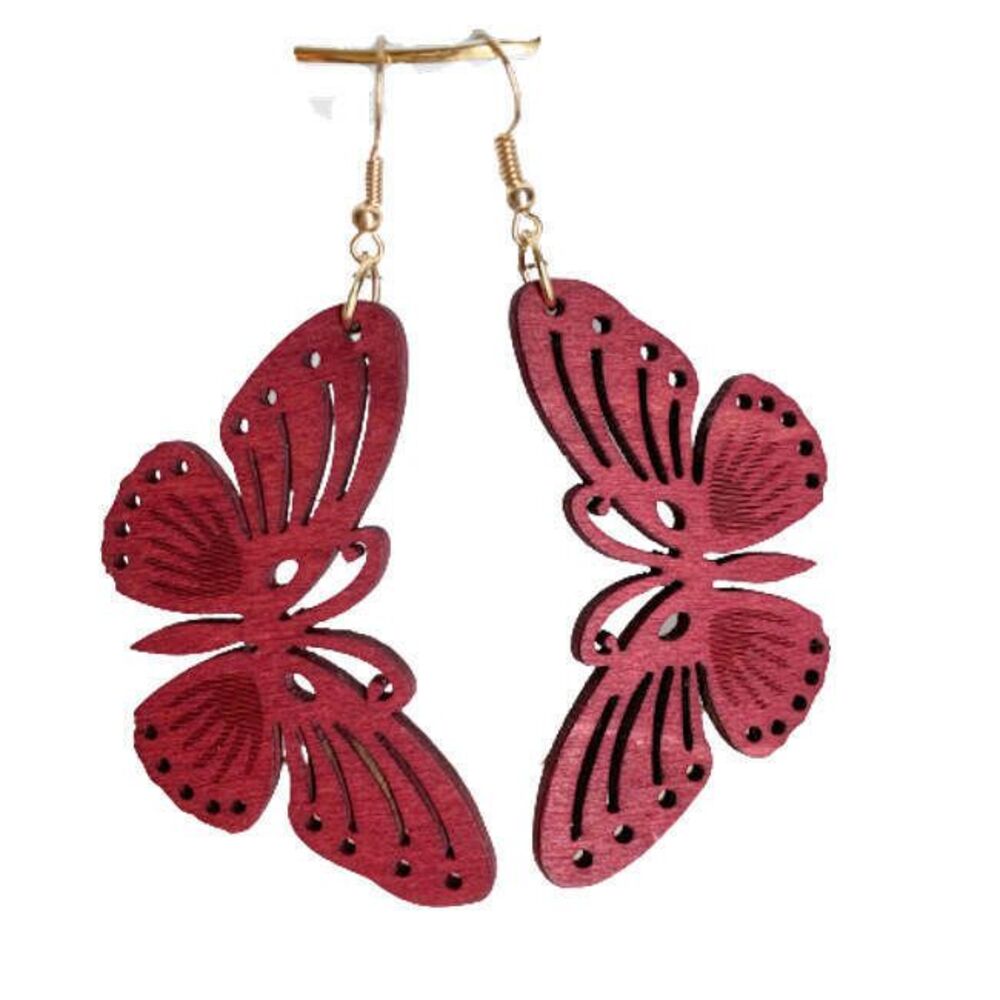 Butterfly Earrings NEW Redwood Cutouts Lightweight Dangle French Hooks Boho - Picture 2 of 8